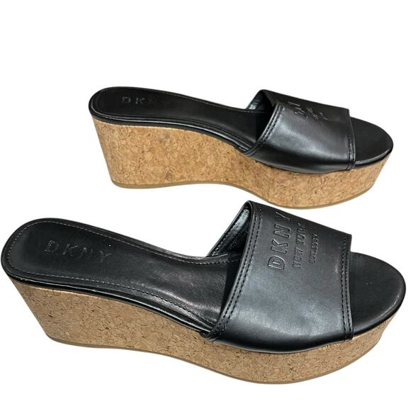 DKNY Platform Wedge Sandal Womens 8.5 Black Logo Cork Like Slip On Retro Chic - Picture 4 of 13